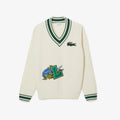 Lacoste Men's Comic Badge Striped V-Neck Sweater white